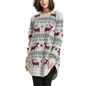 Shineflow Reindeer Patterned Knit Sweater Long Beige Red Small